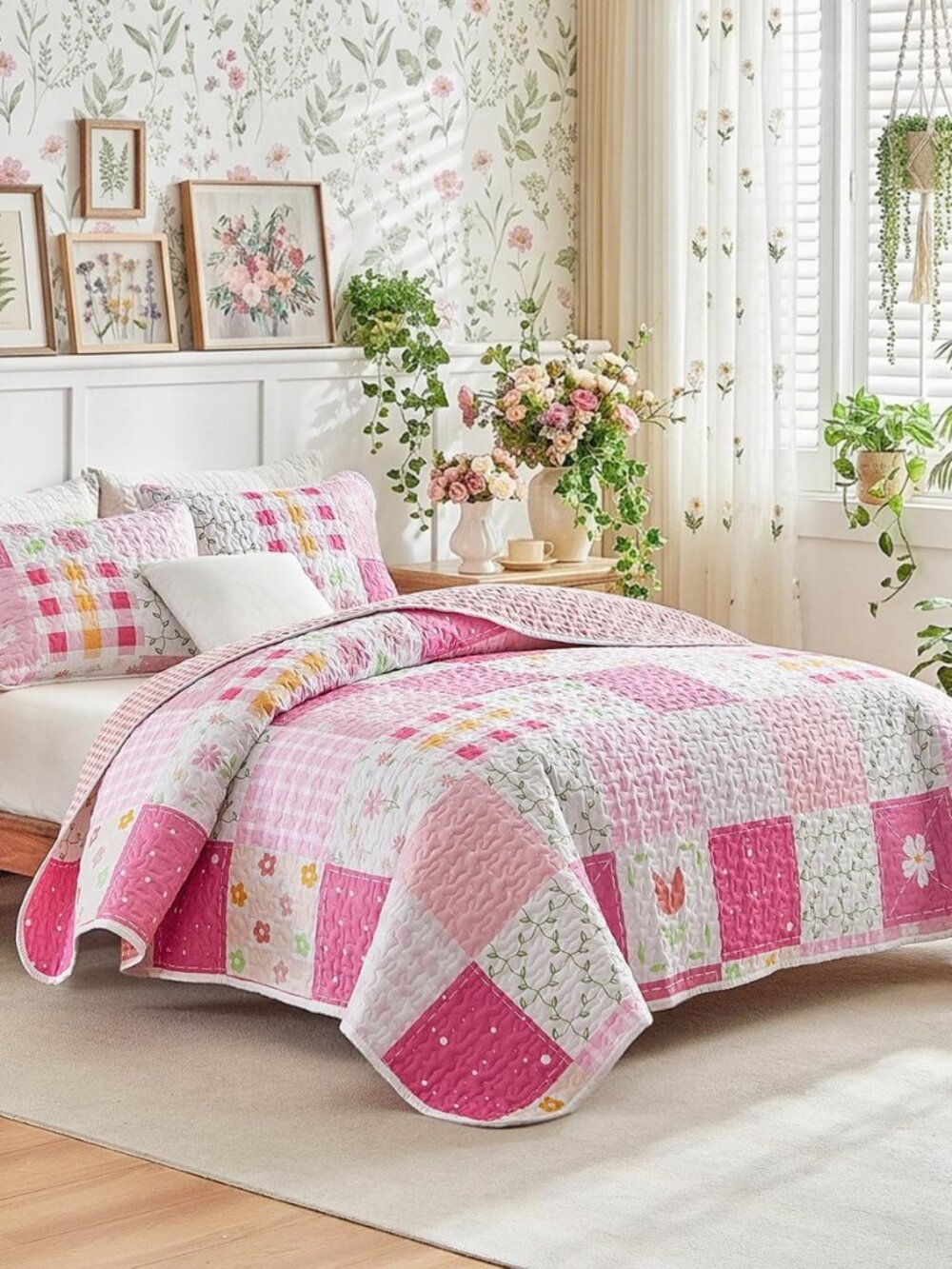Patchwork Quilt Set Queen Size 3 Pieces White Pink Floral Plaid Reversible